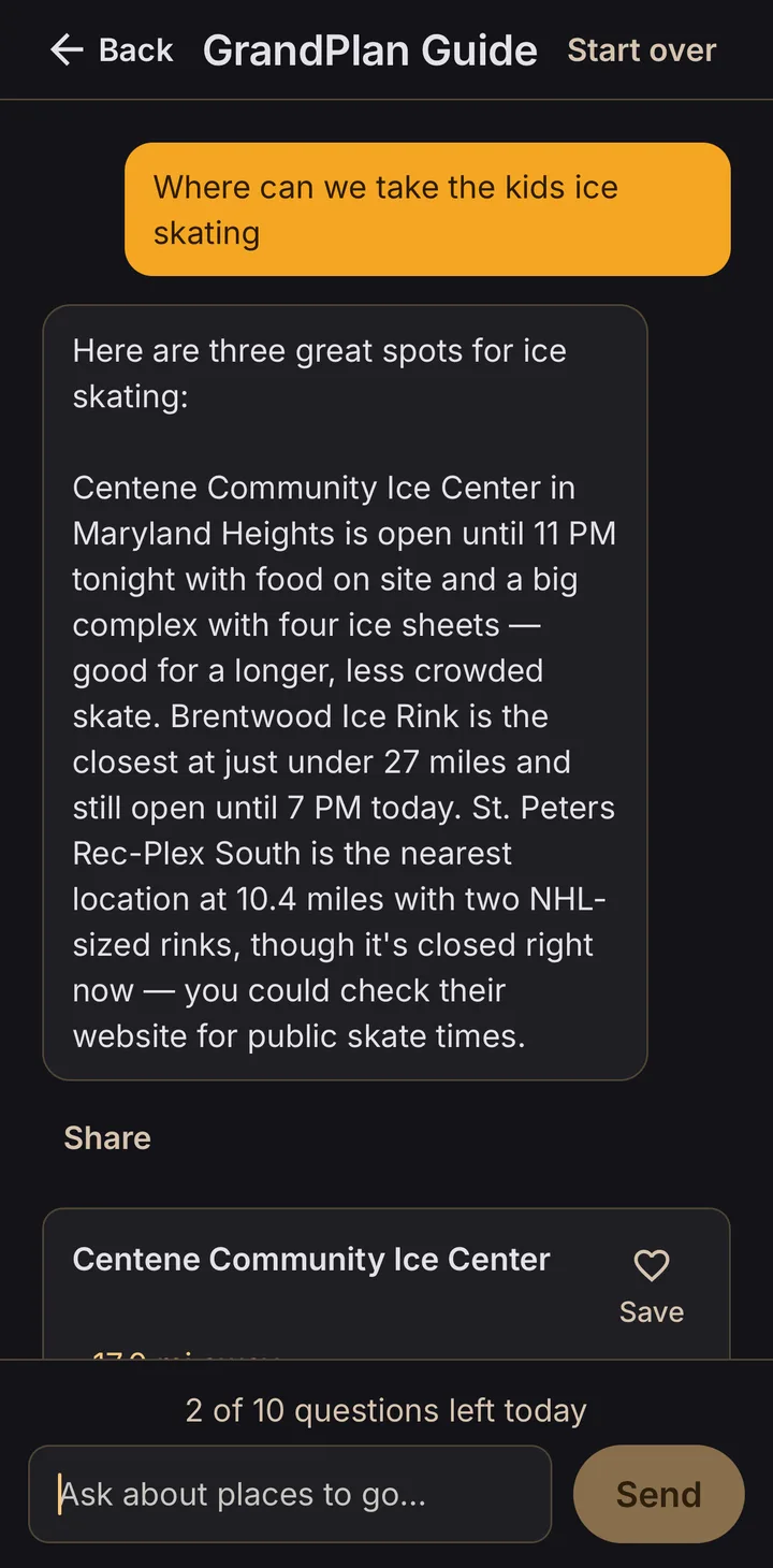 GrandPlan Guide screen. Question: where can we take the kids ice skating. The Guide's answer compares three vetted rinks with distances and hours, with a Share button underneath and a Centene Community Ice Center card below.