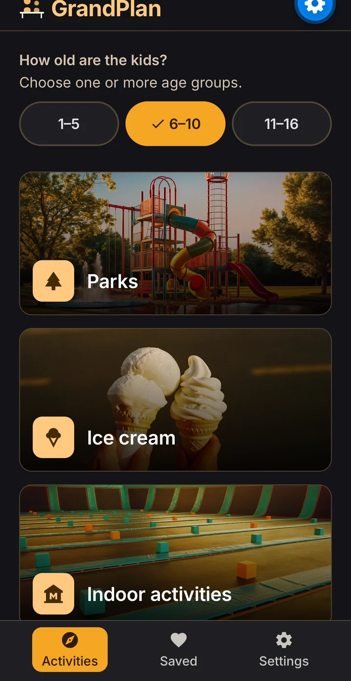 GrandPlan home screen. Heading: How old are the kids? Age group buttons 1 to 5, 6 to 10 (selected), and 11 to 16, above three large photo cards: Parks, Ice cream, and Indoor activities.