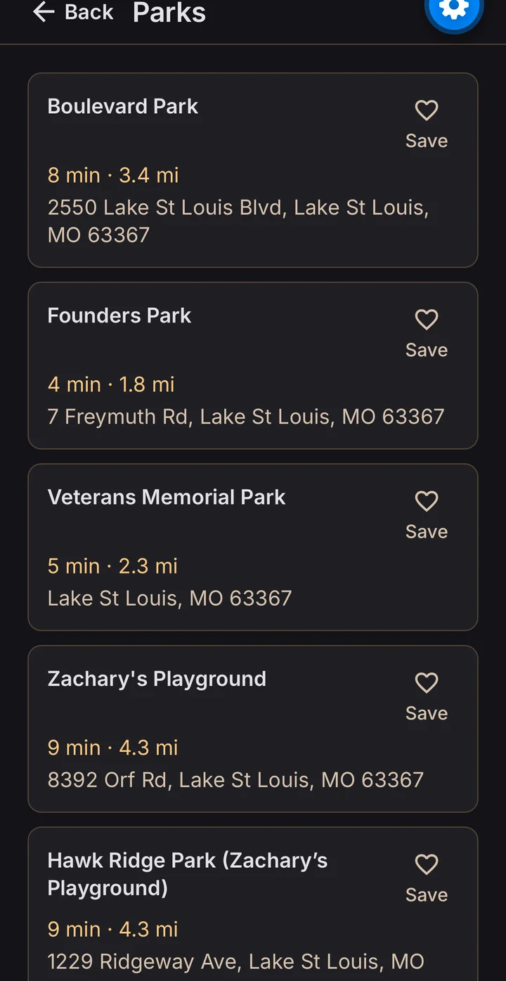 GrandPlan results screen listing parks near Lake St Louis, Missouri — each with drive time, distance, address, and a Save heart. First result: Boulevard Park, 8 minutes, 3.4 miles.